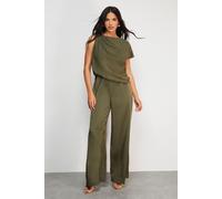 Warehouse Women's Satin Chiffon Mix One Shoulder Drape Jumpsuit in Dark Olive | Size: 8 Warehouse Dark Olive 8