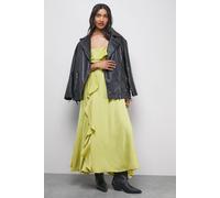 Warehouse Women's Satin Strappy Ruffle Midi Dress in Chartreuse | Size: 10 Warehouse Chartreuse 10