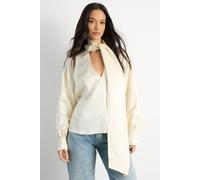 Warehouse Women's Scarf Detail V Neck Satin Blouse in Oyster | Size: 6