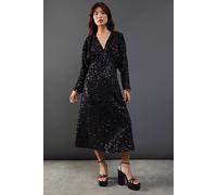 Warehouse Women's Sequin Crinkle Batwing Plunge Neck Midi Dress in Black | Size: 10