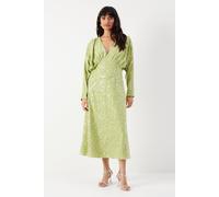 Warehouse Women's Sequin Crinkle Batwing Plunge Neck Midi Dress in Lime | Size: 8