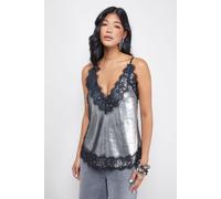 Warehouse Women's Sequin Lace Trim High Apex Cami Top in Gun Metal | Size: 8 Warehouse Gun Metal 8