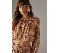 Warehouse Women's Shadow Stripe Cropped Bubble Hem Boho Blouse in Floral | Size: 8 Warehouse Floral 8