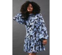 Warehouse Women's Shadow Stripe High Neck Tie Back Mini Dress in Blue | Size: 12