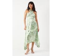 Warehouse Women's Snake Print Satin Cross Front Chiffon Insert Hanky Hem Midi Dress in Lime | Size: 8