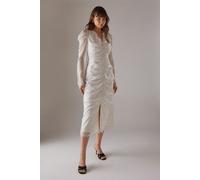 Warehouse Women's Spot Chiffon Ruched Plunge Button front Midi Dress in Mono | Size: 10 Warehouse Mono 10