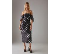 Warehouse Women's Spot Structured Puff Sleeve Bardot Midi Dress in Mono | Size: 10 Warehouse Mono 10