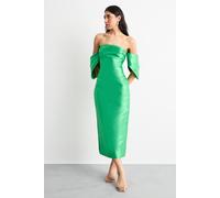 Warehouse Women's Structured Puff Sleeve Bardot Midi Dress in Bright Green | Size: 14