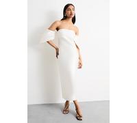Warehouse Women's Structured Puff Sleeve Bardot Midi Dress in Ivory | Size: 12 Warehouse Ivory 12