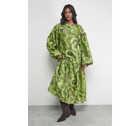 Warehouse Women's Textured Organza Asymmetric Seam Volume Sleeve Midi Dress in Floral | Size: 10