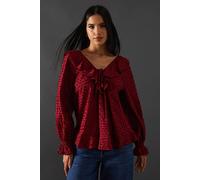 Warehouse Women's Tufted Dobby Ruffle Neck Tie Front Blouse in Dark Red | Size: 8