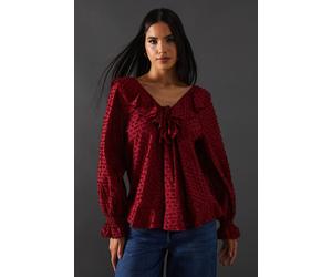 Warehouse Women's Tufted Dobby Ruffle Neck Tie Front Blouse in Dark Red | Size: 8 Warehouse Dark Red 8