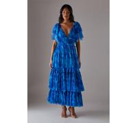 Warehouse Women's Tulle Floral Plunge Neck Flutter Sleeve Tier Maxi Dress in Blue | Size: 6