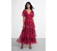 Warehouse Women's Tulle Floral Plunge Neck Flutter Sleeve Tier Maxi Dress in Pink | Size: 12