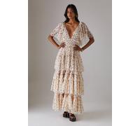 Warehouse Women's Tulle Polka Dot Plunge Neck Flutter Sleeve Tier Maxi Dress in Cream | Size: 8