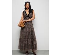 Warehouse Women's Velvet Trim Leopard Tulle Maxi Dress in Animal | Size: 10