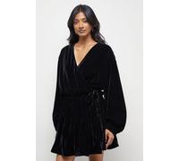 Warehouse Women's Velvet Wrap Mini Smock Dress in Black | Size: 10 Warehouse Black 10