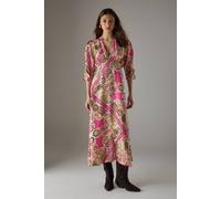 Warehouse Women's Viscose Paisley V Neck Puff Sleeve Midi Dress | Size: 8