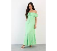 Warehouse Women's Viscose Satin Jacquard Bardot Godet Insert Milkmaid Midi Dress in Green | Size: 12