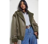 Warehouse Women's Wool Lined Shearling Biker Jacket in Khaki | Size: 12 Warehouse Khaki 12