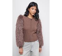 Warehouse Zip Up Fluffy Sleeve Cardigan In Khaki khaki M