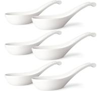 Wareland Asian Soup Spoons Set of 6, Ceramic Chinese Soup Spoons 7 Inch Japanese Spoon for Ramen Pho Dumpling Miso Wonton Noodles | Long Handle Flat Bottom Deep Oval Hook Design | White