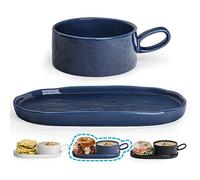 Wareland Soup Bowl with Handle & Salad Plate, 18oz Soup Mug/Cup for Cereal, Ceramic Pasta Bowl for Appetizer, Dessert, Rice, Dishwasher & Microwave Safe, Navy Blue
