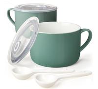 Wareland Soup Bowls with Handles & Spoons, 30oz Ceramic Ramen Bowl with Lid, Large Soup Mugs/Cups for Instant Noodle, Big Cereal Bowls for Oatmeal, Soup Containers with Lids, Set of 2, Teal Blue