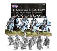 Wargames Delivered Medieval & Fantasy Heads, Cloaks & Shields, 62 Heads, 12 Cloaks, 18 Shields for Custom Knights & Wargaming Miniatures, Kitbash Teutonic Knights, 13th Century Warriors & Heroes