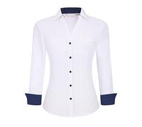 WARHORSEE Womens Button Down Shirt Long Sleeve Work Dress Shirts, V Neck Easy Care Stretchy Business Casual Blouses for Women, White, M