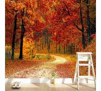Warm and Beautiful Autumn Red Maple Leaves Woods Paths 3D Wallpaper Silky Texture Home Study Office Grey Dining Room Sofa Bedroom Living Room TV Backdrop-430cm×300cm