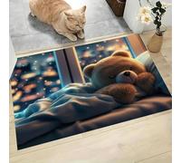 Warm And Cozy Cartoon Indoor Doormat, Goodnight Teddy Bear Non-Slip Absorbent Machine Washable Resist Dirt Entrance Area Rug, Warm Brown for Inside Entrance Front Back Door Garden, 60 x 90 cm