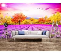 Warm Beautiful Lavender Flowers Yellow Woods 3D Wallpaper Silky Texture Home Study Office Grey Dining Room Sofa Bedroom Living Room TV Backdrop-400cm×280cm