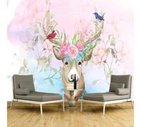 Warm Beautiful Pink Flowers Deer Flying Birds 3D Wallpaper Silky Texture Home Study Office Grey Dining Room Sofa Bedroom Living Room TV Backdrop-430cm×300cm
