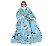Warm Blanket with Sleeves, Cozy Gift for Chill Day, Dual Sherpa Fleece Blanket for Sofa, Soft Gift for Adult Women Men 185 x 140 cm, Cat Blue