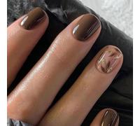 Warm Brown French Tip Press-On Nails With Autumn Leaf Glitter Design - Complete Manicure Kit Including Builder Gel For Easy Home Application, Short Square Artificial False Nails Glossy Finish, 24PCS