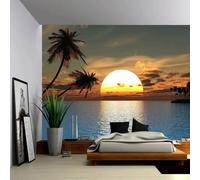 Warm Coconut Trees Sunset Seaside Scenic Views 3D Wallpaper Premium Textured Silk Study Dining Living Room Bedroom Sofa TV Wall Easy Install-400cm×280cm