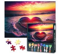 Warm Color of Love Jigsaw Puzzles for Adults 1000 Pieces, Heart Shape in a Beach at Sunset Moment 1000 Piece Puzzle, Impossible Jigsaw Puzzles, 19.5 x 27.5 Inch