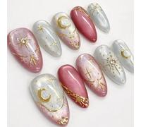Warm Dusty Rose Press On Nails - Almond Shaped Silver Glitter Fake Nails with Celestial Moon Star Gold Artwork, Rhinestones for Women Special Occasions, Ready to Wear Manicure Set