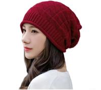 Warm ear protection winter beanie for women made from breathable polyester knit with a loose comfortable fit for everyday casual wear (Wine Red)