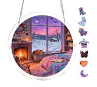 Warm Fireplace Room Cats 7.8x7.8Inch Round Acrylic Jigsaw Puzzle Suncatcher, Crystal Window Decor Wall Art Ornament, Home Decoration Gift