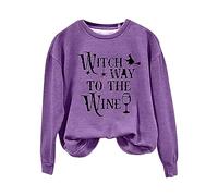 Warm Fleece Sweatshirts Women Women's Fashion Halloween Witch Way To The Wine Printed Round Neck Off Shoulder Long Sleeve Sweatshirt Top Ladies Fashion Sweaters (Purple, M)