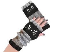 Warm Gloves - Fingerless Gloves | Knitted Glove, Thermal Soft Fleece Lined Cat Embroidery Design Fingerless Winter for Adults Girls Winter Cold Weather Driving Typing