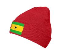 Warm Knit Hat with Sao Tome and Principe Flag Print Brimless Foldover Cap Casual Beanie for Ski Running Outdoor Sports Stretchy Soft Comfortable One Size Fits Windproof Cold Weather Wear Unisex Red