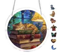 Warm Lamp Lighted Feline on Books 7.8x7.8Inch Acrylic Hanging Puzzle Suncatcher, Crystal Window Decor Wall Art Ornament, Home Decoration Gift