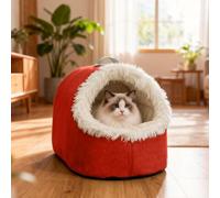 Warm Pet Cave Bed, Soft Plush Hooded Cat Bed Pet Calming Nest for Small Cats, Self-Warming Cave for Indoor Cats, Washable Cove with Removable Inner Cushion Fit Pets Under 20lbs (Red, 30X40CM)