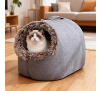 Warm Pet Cave Bed, Soft Plush Hooded Cat Bed Pet Calming Nest for Small Cats, Self-Warming Cave for Indoor Cats, Washable Cove with Removable Inner Cushion Fit Pets Under 20lbs for Winter (Brown, M)