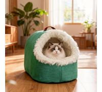 Warm Pet Cave Bed, Soft Plush Hooded Cat Bed Pet Calming Nest for Small Cats, Self-Warming Cave for Indoor Cats, Washable Cove with Removable Inner Cushion Fit Pets Under 20lbs for Winter (Green, L)