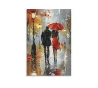 Warm Romantic Couple with Red Umbrella Paris Abstract Canvas Poster Wall Art - Cozy Artwork, Heartfelt Wall Decor for Girls Bedroom Master Suite Bay Window Nook 24x36inch(60x90cm)