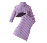 Warm Toddler Infant Baby Girls Autumn Winter Two-Piece Outfit Knit Dress Set Combining Mid-Neck Crop Top & Spaghetti-Strap Dress Daily Clothing Sets Essentials Purple